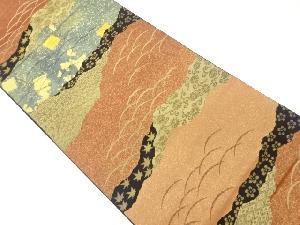 服部織物製　こはく錦手工芸道長取りに草花・色紙・古典柄模様織出し袋帯